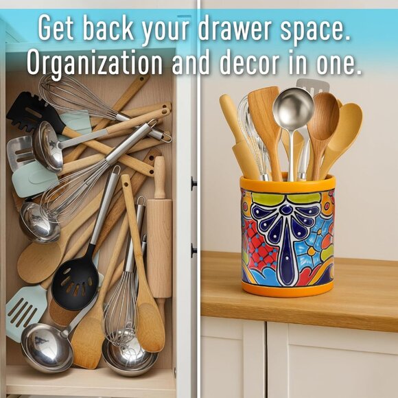 Medium Ceramic Utensil Holder Marigold Yellow Hand Painted Mexican Pottery Crock - Picture 4 of 9